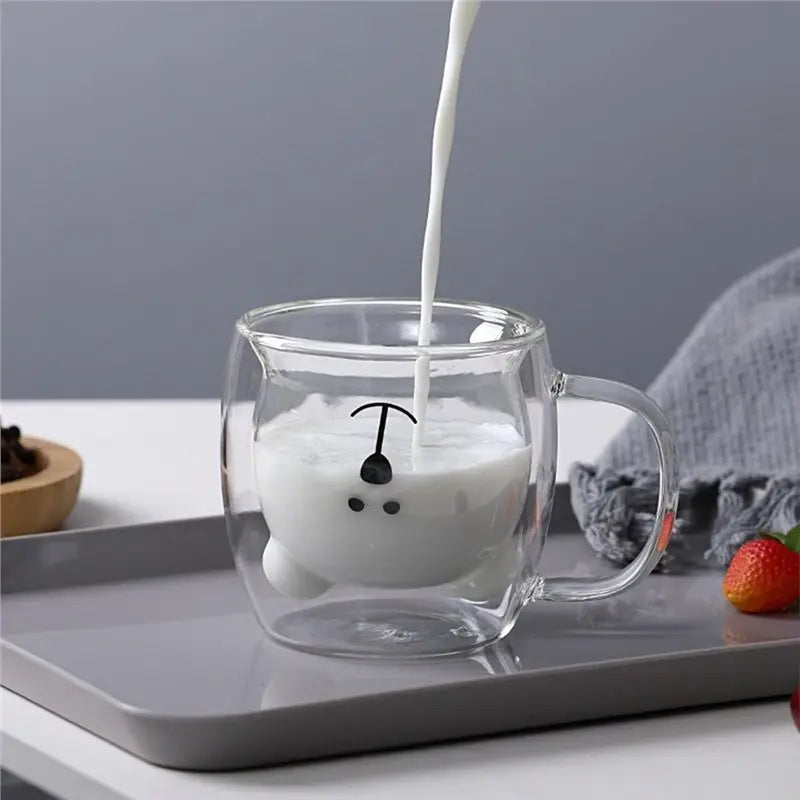 2 Pack Cute Bear Double Wall Glass Mugs 8.5 Oz