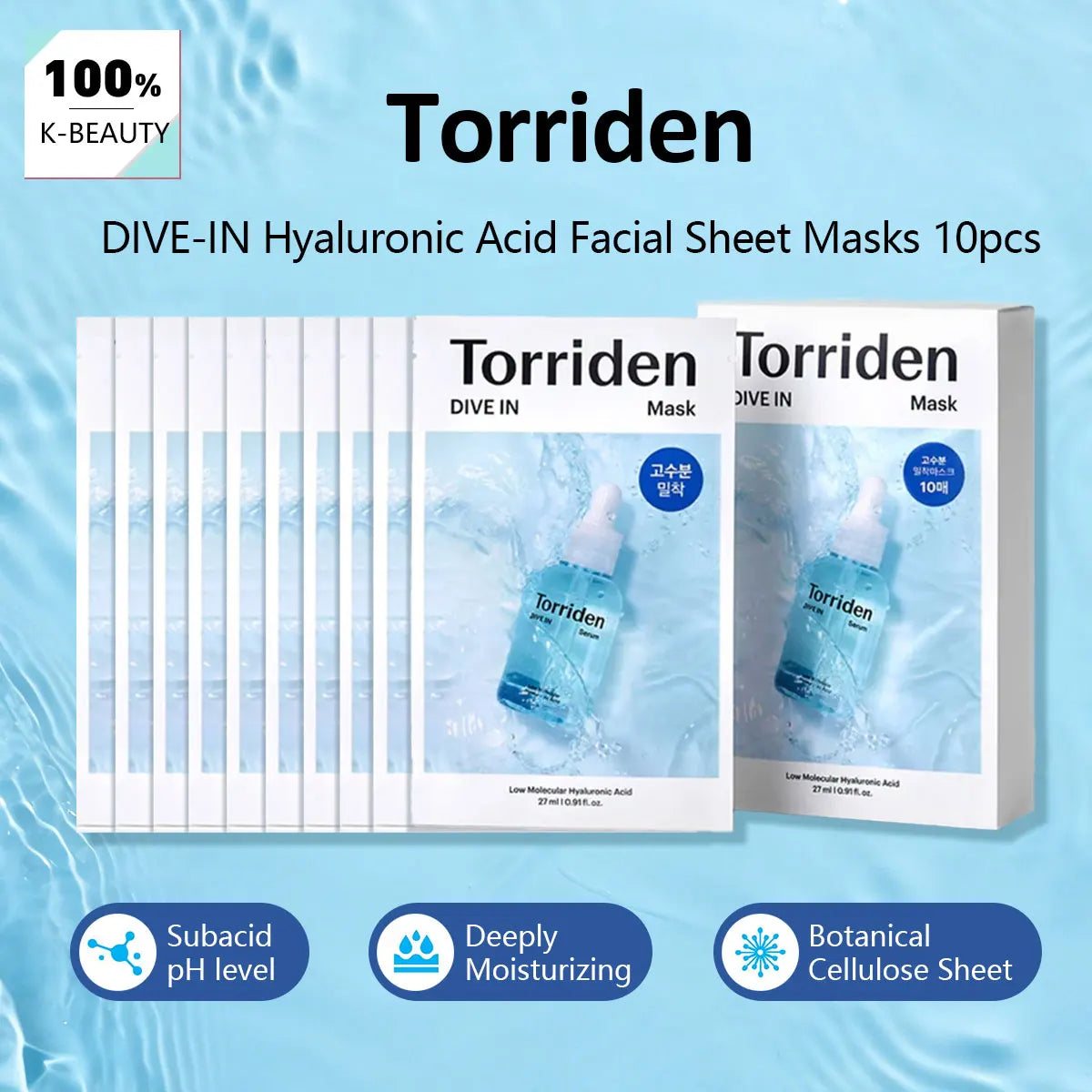 Torriden DIVE-IN Hyaluronic Acid Facial Sheet Masks 10pcs,Thin&Skin-Conforming,Deeply Moisturizing,Korean Skincare,Korean Makeup