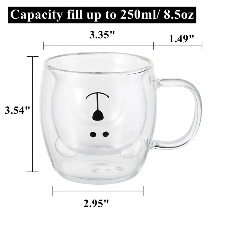 2 Pack Cute Bear Double Wall Glass Mugs 8.5 Oz