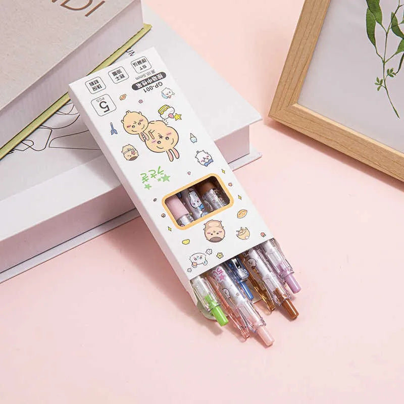 5pcs Cartoon Kawaii Gel Pen 0.55mm Refill Press Pen Black Pen Student Stationery School Writing Supplies animation Birthday Gift