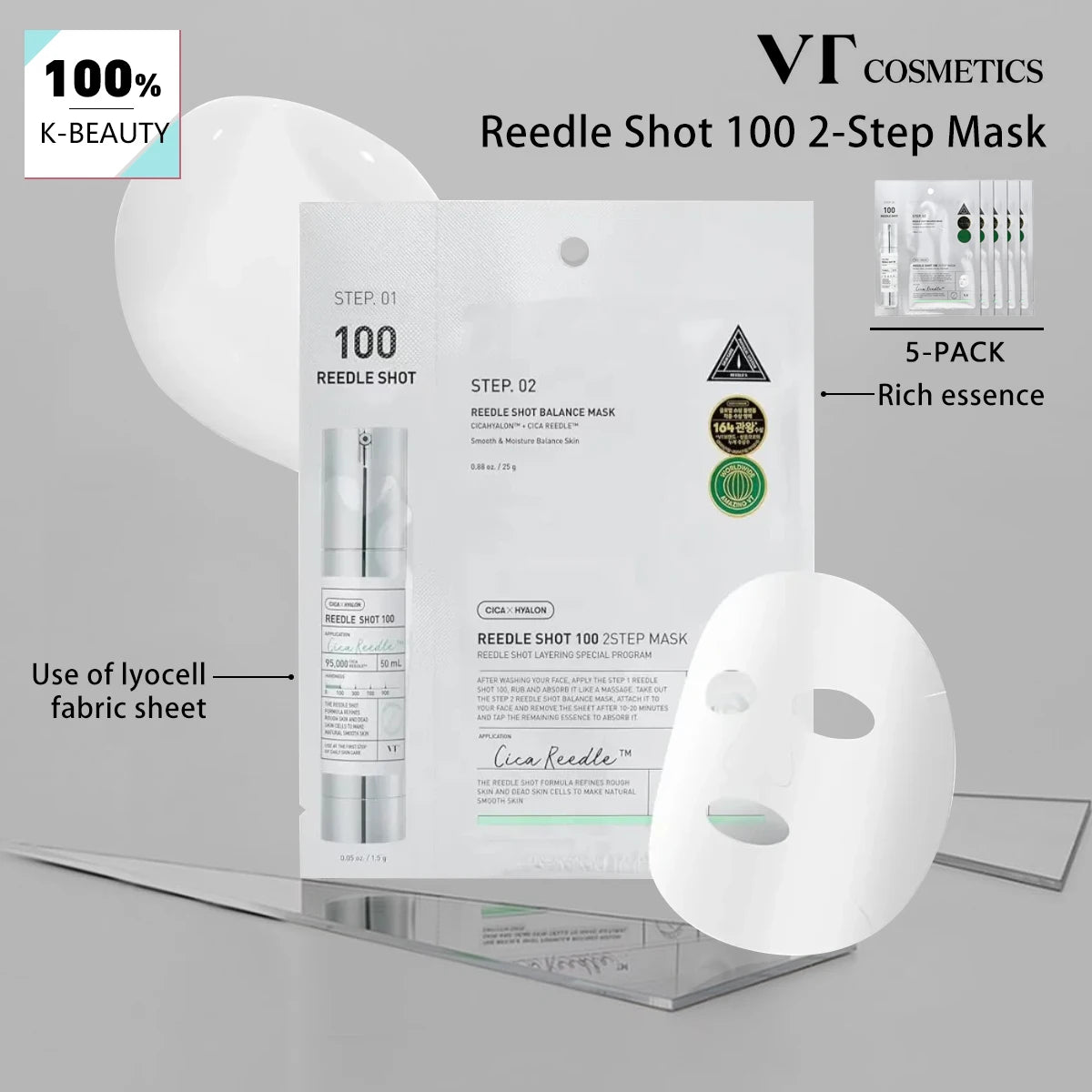 VT Reedle Shot 100 2-Step Mask*5pieces,Intensive Recovery Mask,Glow Mask,Smoothing Care Mask,Korean Skincare,Korean Makeup