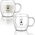2 Pack Cute Bear Double Wall Glass Mugs 8.5 Oz