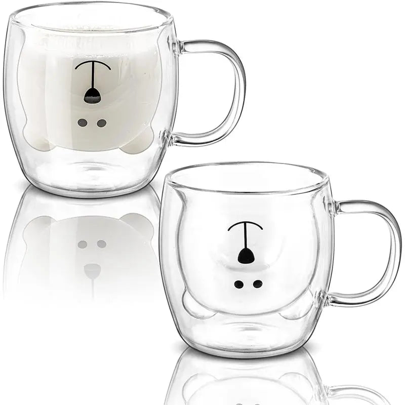 2 Pack Cute Bear Double Wall Glass Mugs 8.5 Oz