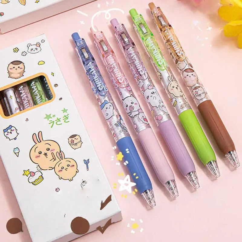 5pcs Cartoon Kawaii Gel Pen 0.55mm Refill Press Pen Black Pen Student Stationery School Writing Supplies animation Birthday Gift
