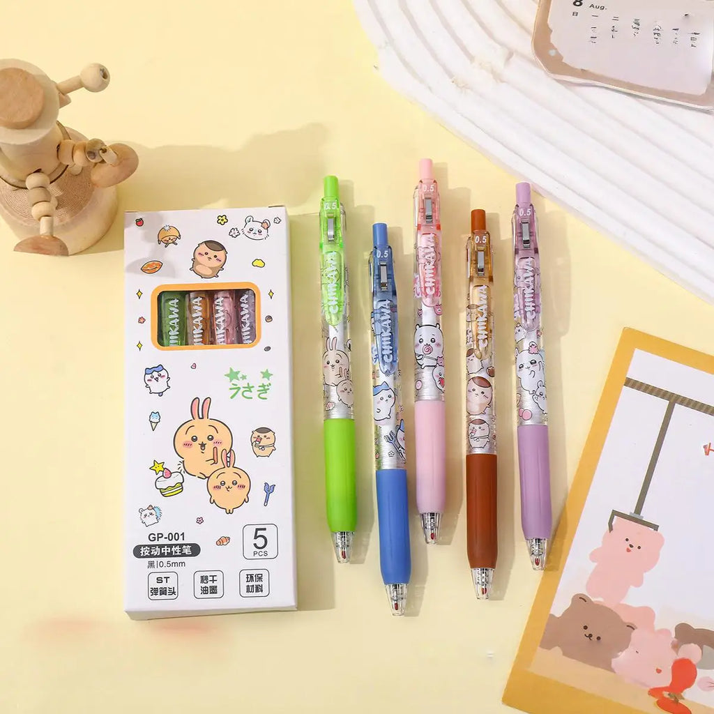 5pcs Cartoon Kawaii Gel Pen 0.55mm Refill Press Pen Black Pen Student Stationery School Writing Supplies animation Birthday Gift