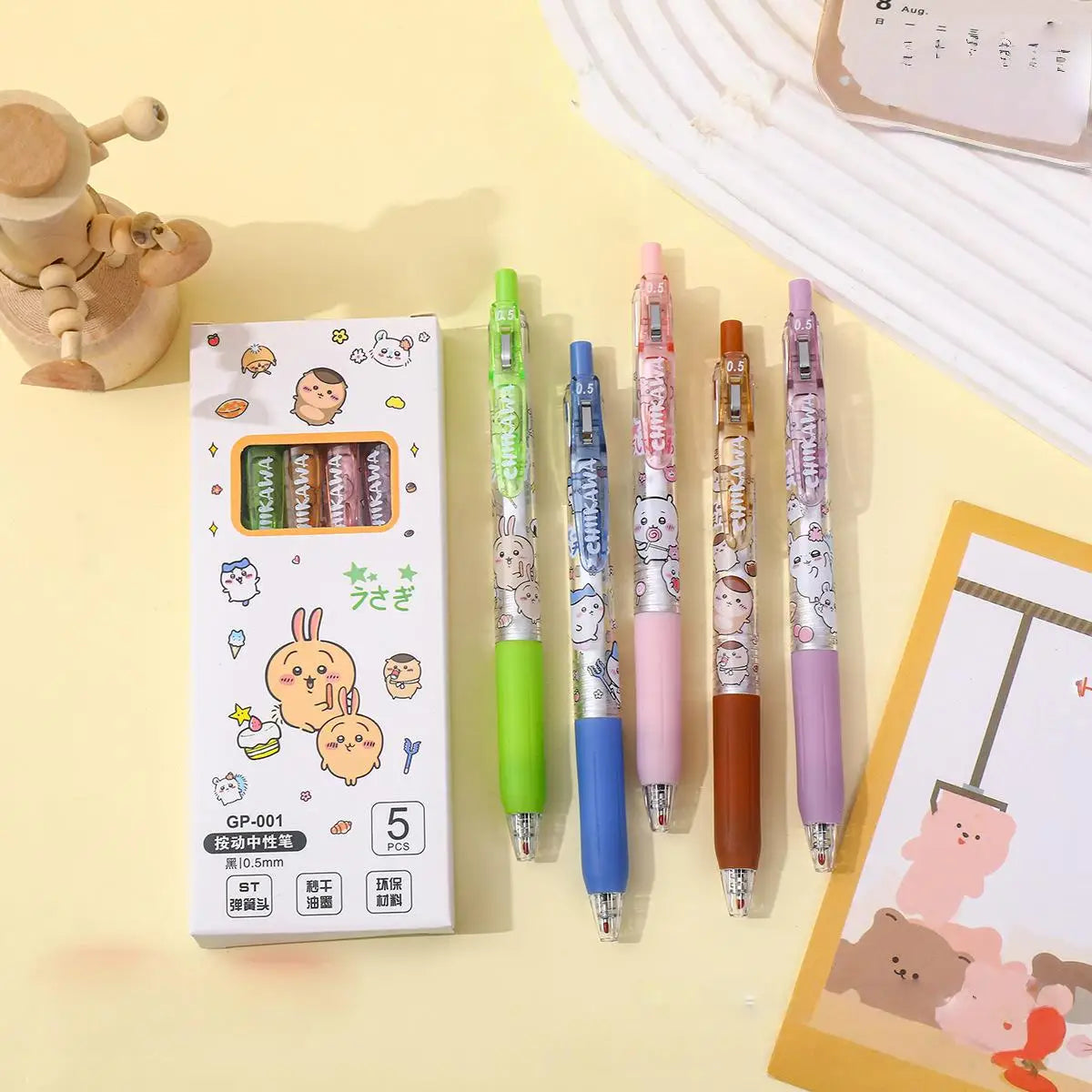 5pcs Cartoon Kawaii Gel Pen 0.55mm Refill Press Pen Black Pen Student Stationery School Writing Supplies animation Birthday Gift