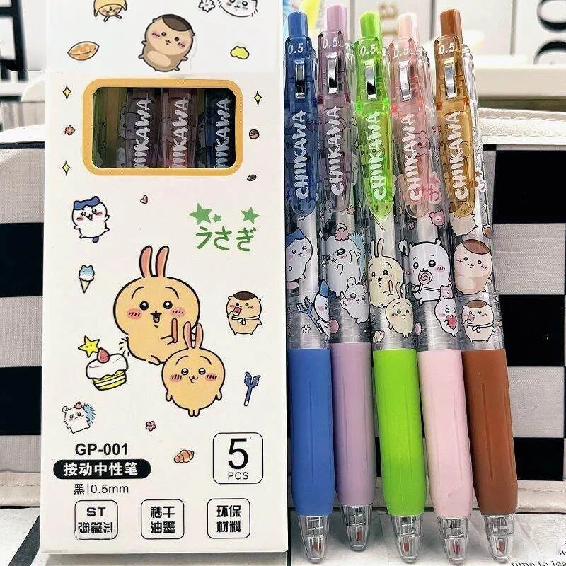5pcs Cartoon Kawaii Gel Pen 0.55mm Refill Press Pen Black Pen Student Stationery School Writing Supplies animation Birthday Gift